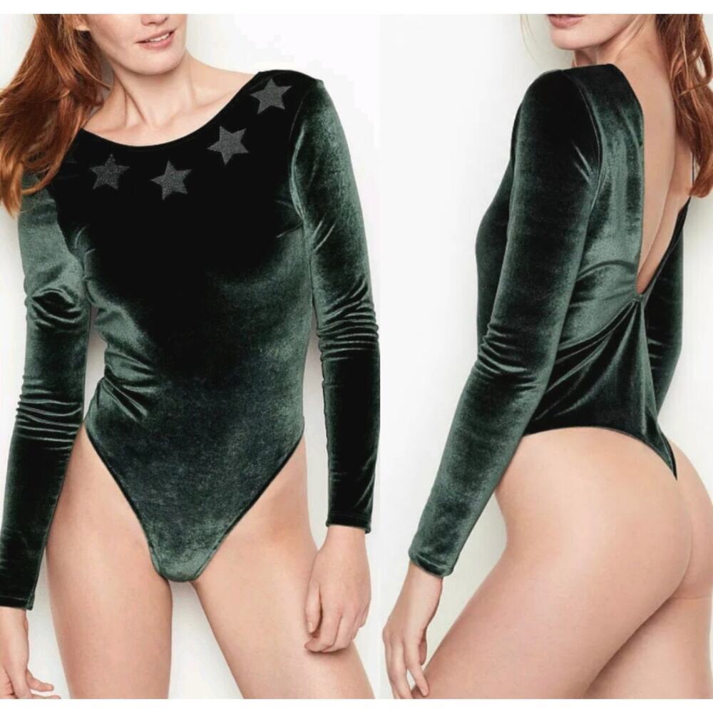 NWT Victoria's Secret Sport Size XS Dark Green Velvet Bodysuit Black Stars